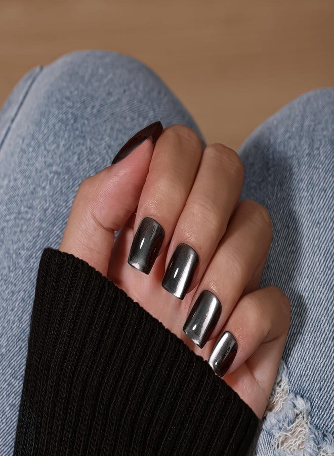 KQueenest Cat Eye Press On Nails Short, 30 Pcs Glitter Black Press On Nails Square, Dark Sparkly Fake Nails With Glue, Bling Glue on Nails Coffin, Reusable Goth Stick on Nail for Women Decoration - Image 2